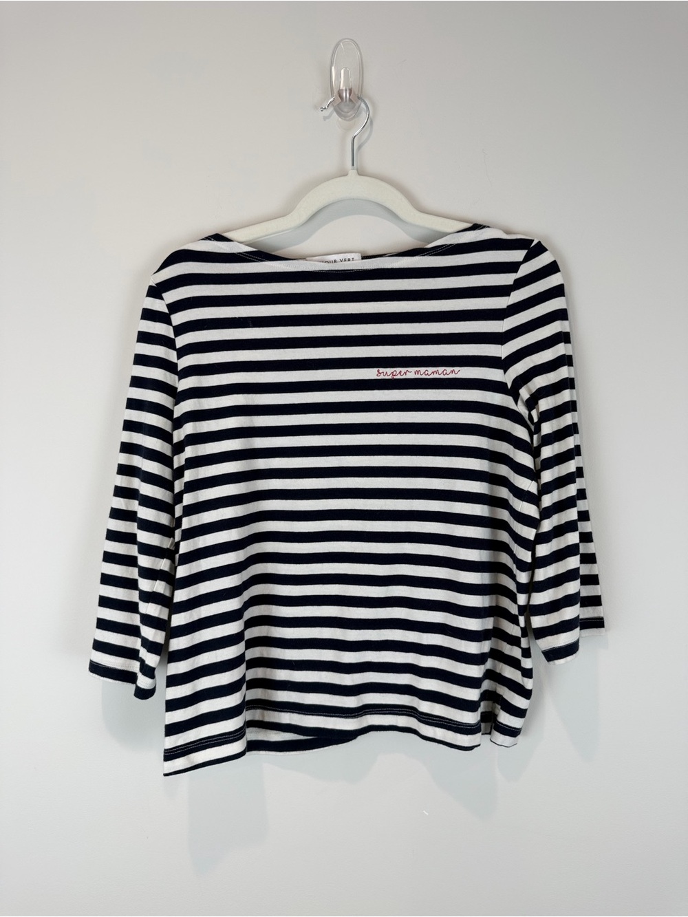 Amour Vert Navy and White “Super Mamam” Striped Long Sleeve Tee M